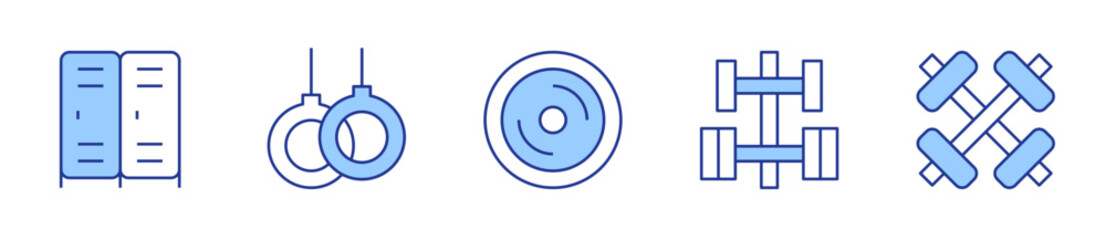 rings, weightlifting, weight, locker, dumbbell. Gym Icon vector illustration. Line Duotone style. Editable stroke