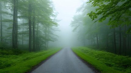 Fototapeta premium Foggy Forest Road on a Summer Morning
