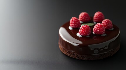 A rich chocolate cake with a glossy ganache and fresh raspberries. Featuring indulgence and luxury