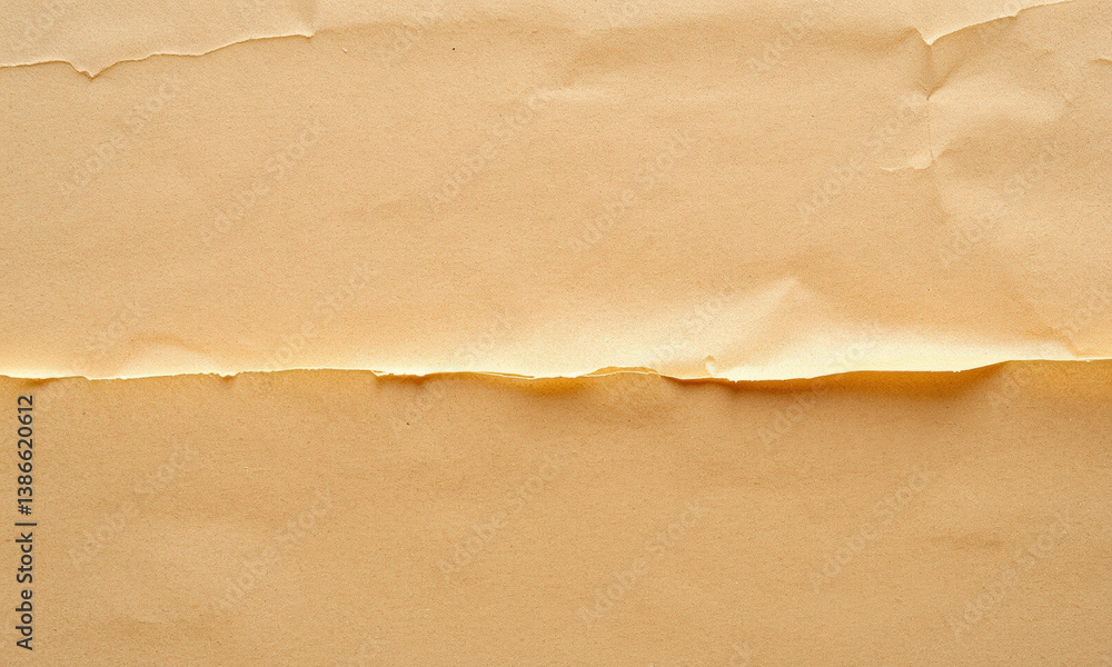 Poster close up view of crumpled kraft paper showcasing its texture and warm beige color, perfect for vario