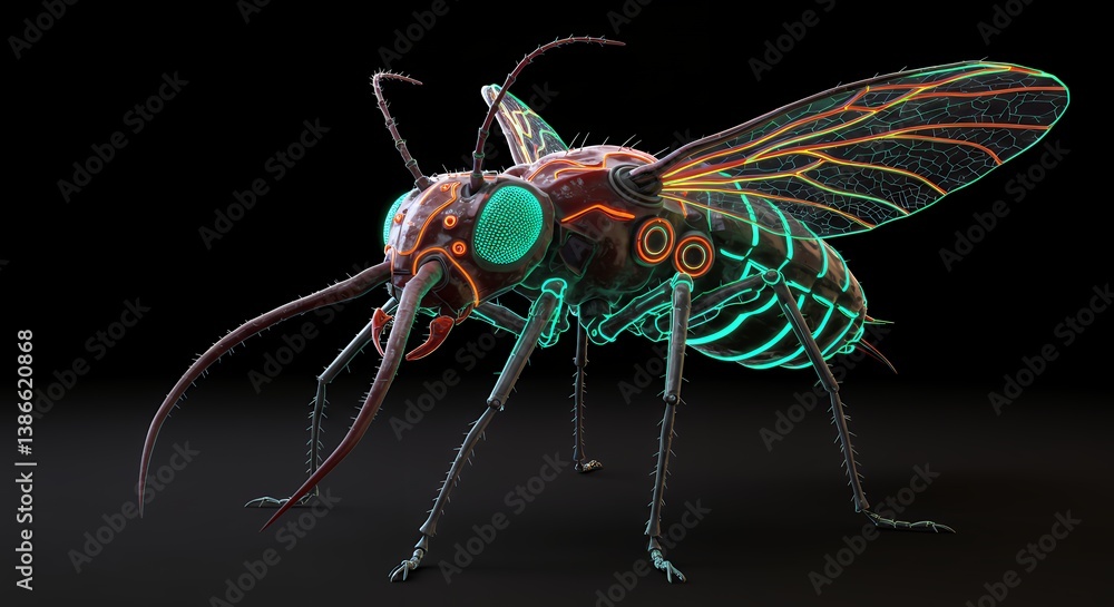 Poster futuristic mosquito insect robot with glowing neon details and intricate mechanical design on a dark