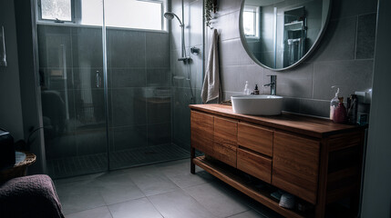 A modern bathroom featuring a wooden vanity, a round mirror, and a glass enclosed shower space