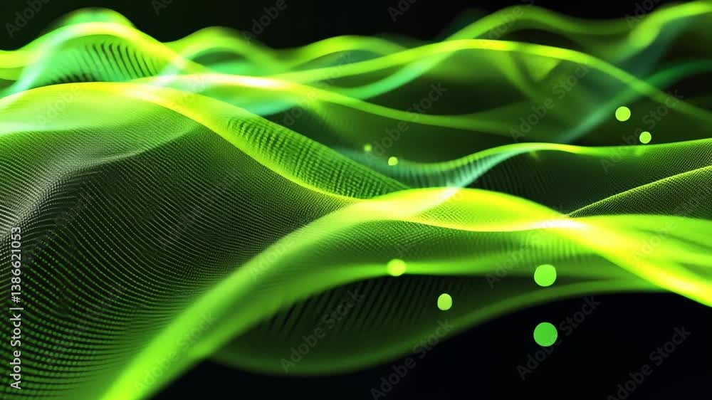 Poster dynamic abstract design of green waves fluid motion and energy in digital background showcasing inno