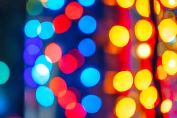 Fototapeta premium Festive Lights in Vibrant Bokeh: A captivating composition of colorful, blurred lights creates a dreamy and joyful atmosphere with rich hues.