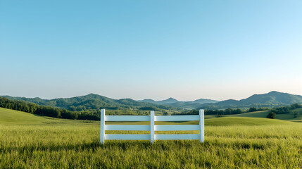 Fototapeta premium White Wooden Fence in a Lush Green Field with Rolling Hills