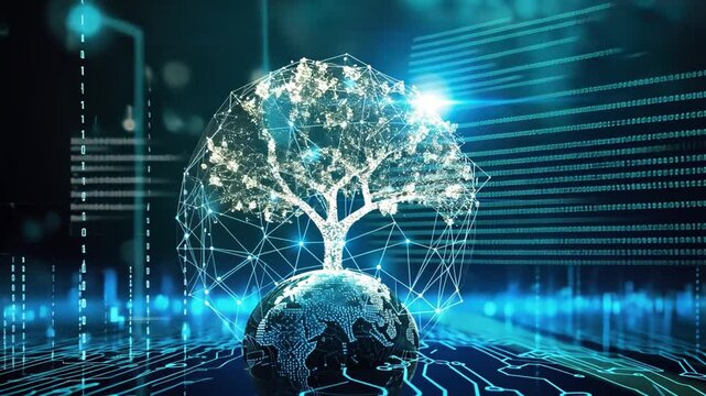 Digital Tree Growth Globe of Innovation Connecting Nature and Technology Through Binary Circuits for Sustainable Future