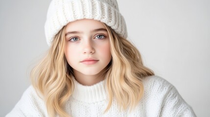 A young girl with long blonde hair wears a white knit beanie and sweater. The portrait is well-lit, high-resolution, and features soft focus. The style is minimalist and serene. The image evokes a p