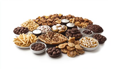 Obraz premium Assorted sweet and savory snacks on white background; food photography for menus or websites