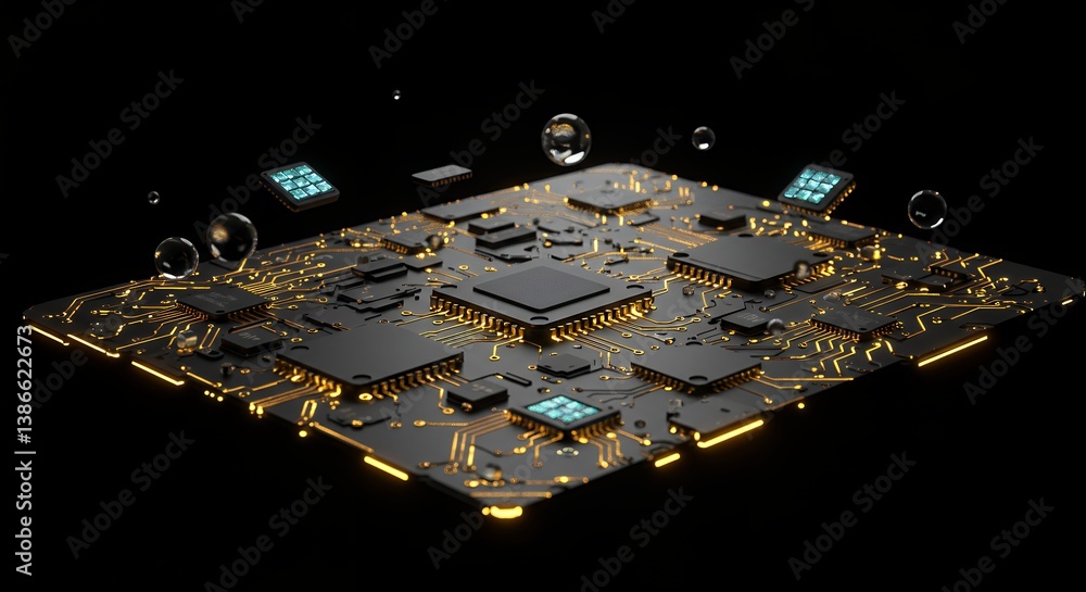 Poster futuristic technology circuit board with glowing pathways and floating processors, illustrating mode