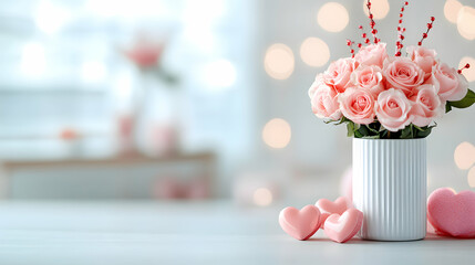 Pink Roses in White Vase with Pink Hearts on Table