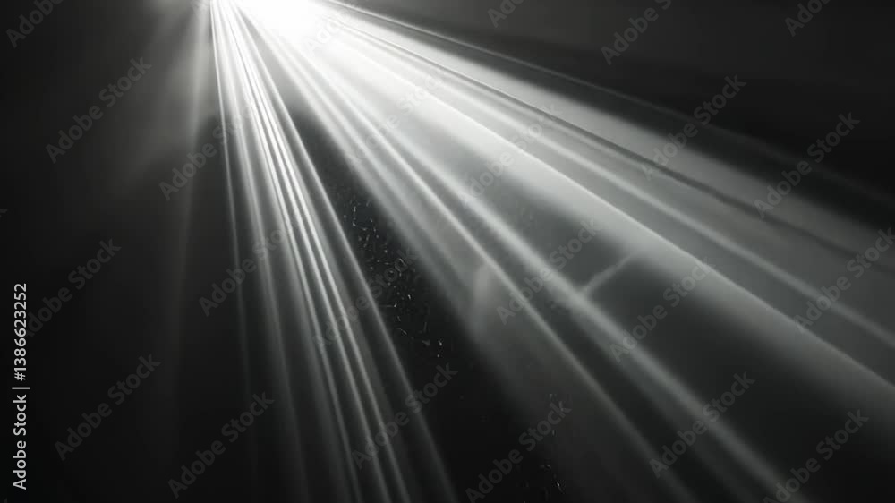 Poster serene light beams illuminate darkness, creating calm atmosphere filled with particles and evoking w