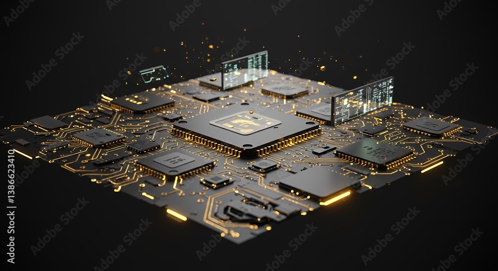 Poster intricate circuit board design featuring a central processing unit and illuminated pathways symboliz