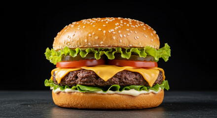 A close-up shot of a gourmet burger with a perfectly seared beef patty, melted cheddar cheese, crisp lettuce, ripe tomato, and a lightly toasted sesame bun. Dramatic side lighting creates rich shadows