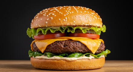 A close-up shot of a gourmet burger with a perfectly seared beef patty, melted cheddar cheese, crisp lettuce, ripe tomato, and a lightly toasted sesame bun. Dramatic side lighting creates rich shadows