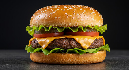A close-up shot of a gourmet burger with a perfectly seared beef patty, melted cheddar cheese, crisp lettuce, ripe tomato, and a lightly toasted sesame bun. Dramatic side lighting creates rich shadows