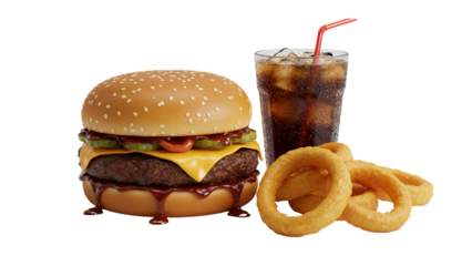 Burger Combo: A tempting double cheeseburger with onion rings and cola drink, perfect for a delicious lunch or dinner indulgence.