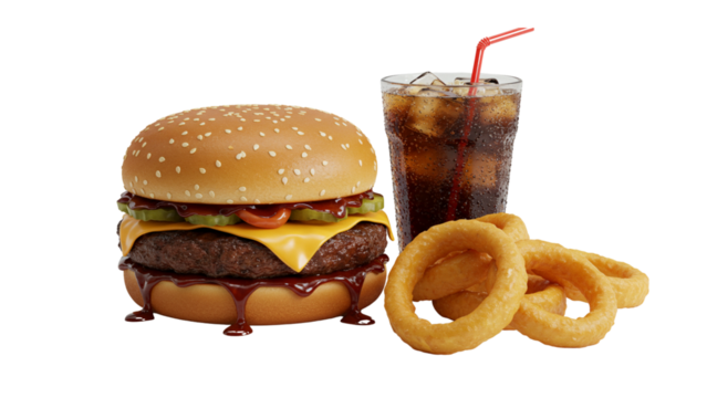 Burger Combo: A tempting double cheeseburger with onion rings and cola drink, perfect for a delicious lunch or dinner indulgence.
