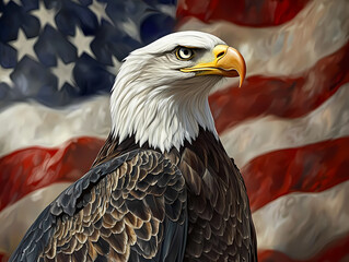 Majestic Eagle and Flag: An awe-inspiring illustration of a bald eagle, the symbol of freedom, poised regally against the backdrop of the stars and stripes.