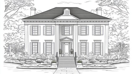 Classic Colonial House Drawing