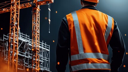 A construction worker in an orange safety vest observes a building site illuminated by overhead lights, surrounded by cranes and scaffolding.