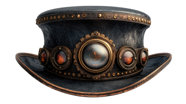 Steampunk Inspired Top Hat: A finely crafted, vintage-style top hat with intricate details, showcasing gears and a blend of old and new technologies. The perfect accessory for a unique.