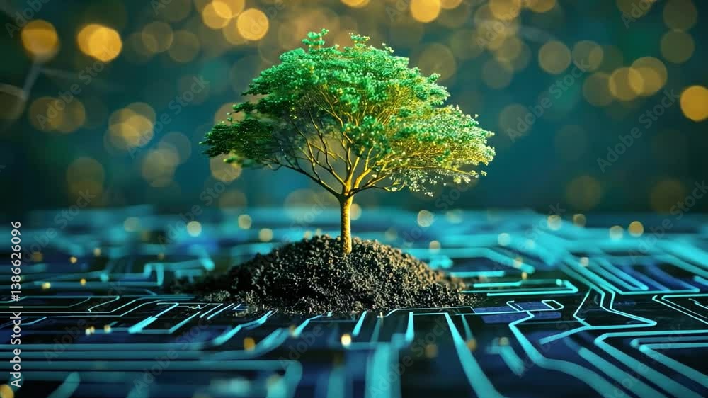 Poster vibrant tree growth from soil fusion of nature and technology in digital circuits for environmental 