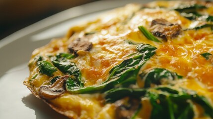 A savory vegetable frittata with spinach, mushrooms, and cheese. Featuring breakfast dishes