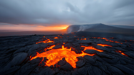 Naklejka premium Glowing Lava Flow at Sunset in Volcanic Landscape