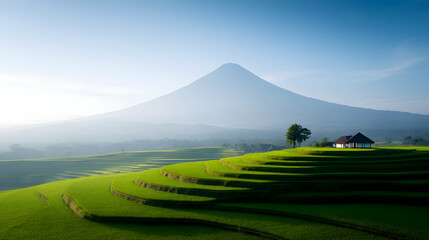 Fototapeta premium Volcanic Mountain and Rice Terraces at Sunrise