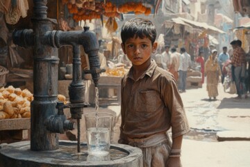 Poor Indian boy collecting drinking water - clean water crisis and orphan issue