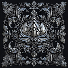 Thai textile motifs rendered in 3D chrome on dark velvet texture.