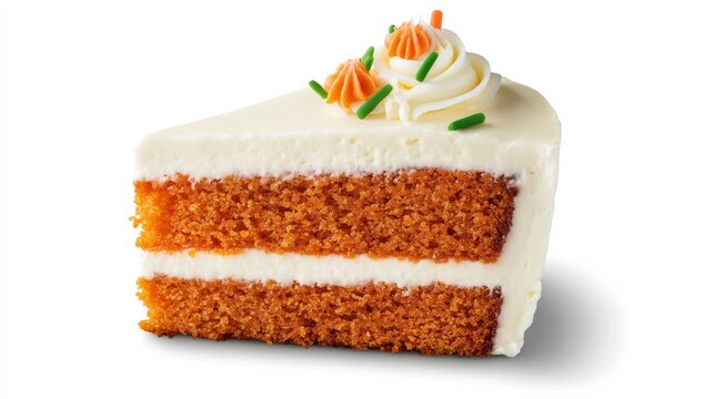 A slice of carrot cake with cream cheese frosting. Featuring indulgence and sweetness