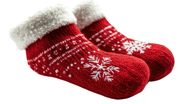 Cozy Christmas Socks: A pair of vibrant red socks, adorned with delicate snowflake patterns, sit side by side, inviting warmth and festive cheer.