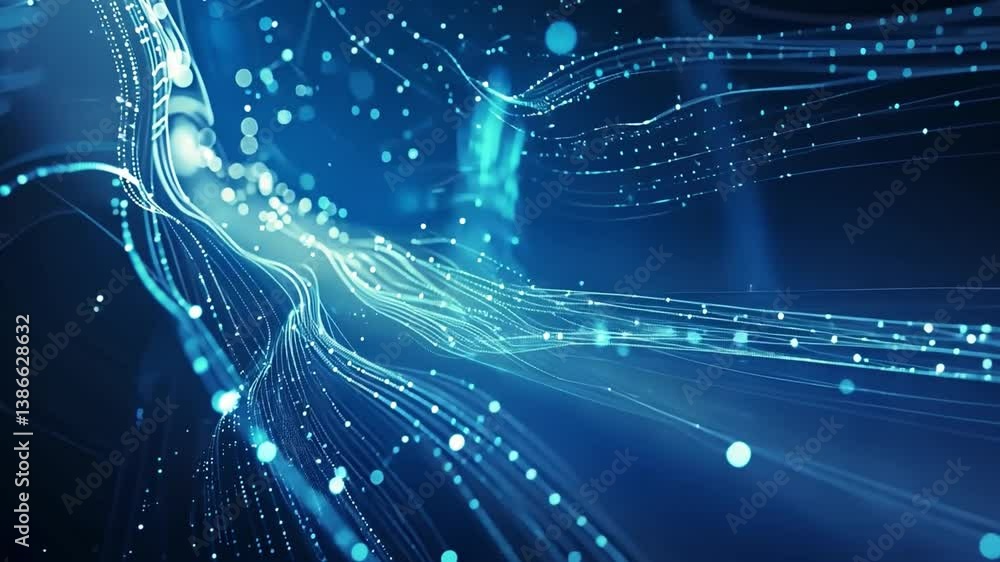 Poster mesmerizing abstract background of flowing blue digital lines and glowing particles, evoking depth, 
