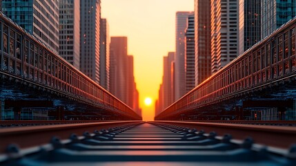 Fototapeta premium Railway tracks stretch into cityscape during sunset. City buildings frame horizon with vibrant light
