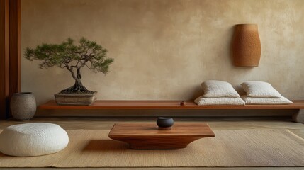 Minimalist Living Room Interior with Bonsai Tree and Textured Wall