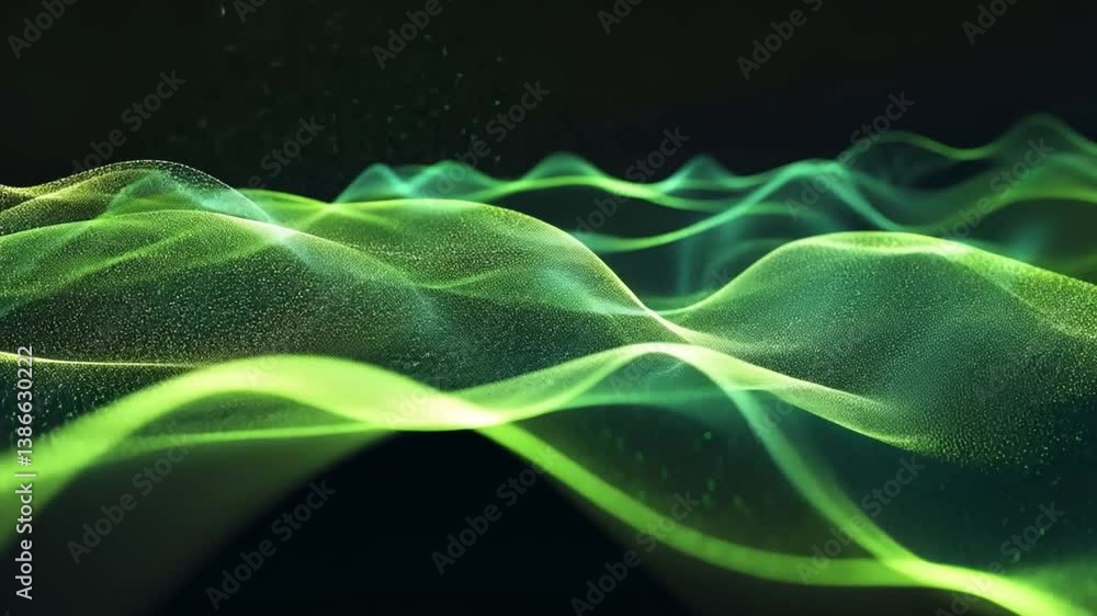 Poster mesmerizing abstract waves of flowing green energy create sense of depth and movement, with shimmeri