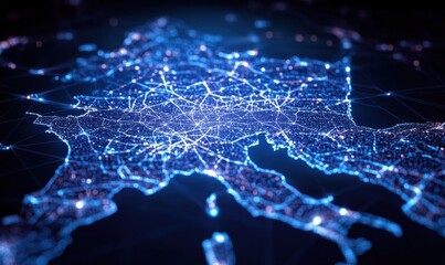 Europe's digital network at night, showcasing connectivity and data flow, ideal for tech presentations