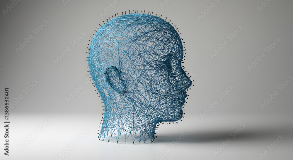 Poster abstract digital head in blue against a neutral grey background representing artificial intelligence