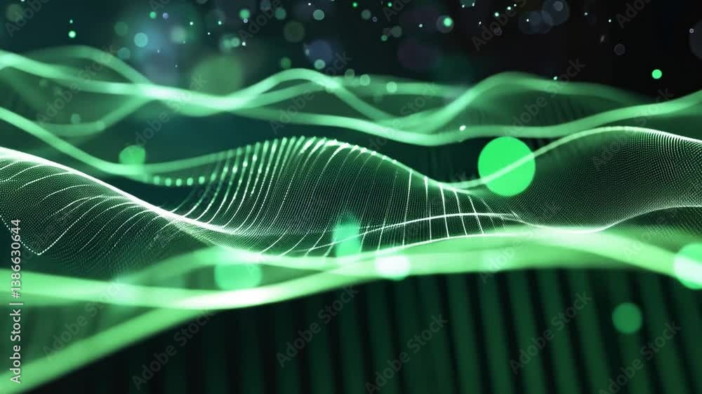 Poster Abstract Green Wave Patterns Digital Energy and Movement of Light Particles in Mesmerizing Background of Flowing Waves and Intricate Designs