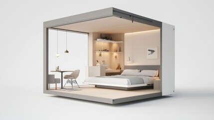 Minimalist Modular Bedroom Unit Exploded View Neutral Tones and Integrated Furniture