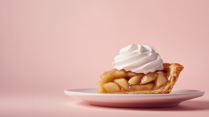 A slice of homemade apple pie with a dollop of whipped cream. Featuring comfort and indulgence