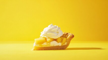 A slice of homemade apple pie with a dollop of whipped cream. Featuring comfort and indulgence