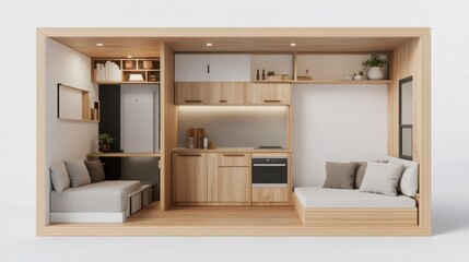 Minimalist Tiny House Interior Light Wood and Neutral Tones