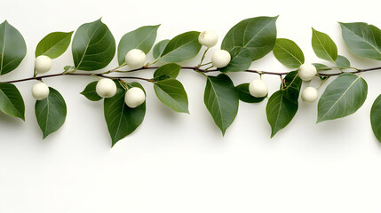 Fototapeta premium Green Leaves and White Berries Branch on White Background