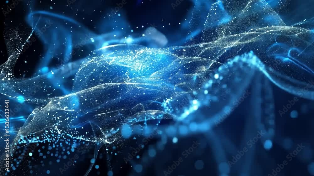 Poster Mesmerizing abstract background with flowing blue particles and light trails, creating ethereal depth and movement, evoking feelings of tranquility and wonder in dynamic scene.