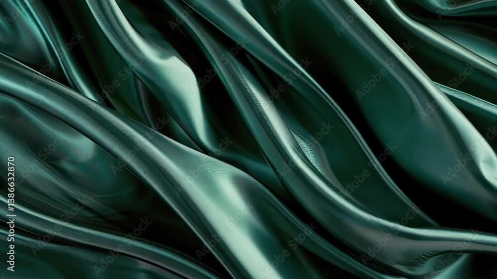 Poster Luxurious green silk fabric showcases smooth, flowing textures and elegant drape, while interplay of light creates captivating depth and sophistication in every curve.