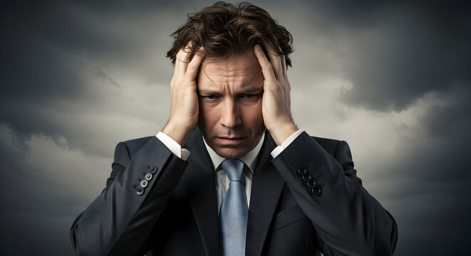 Worried Man in Dark Blue Suit Gripping Head Against Dramatic Gray Cloudscape Expressing Stress and Professional Pressure