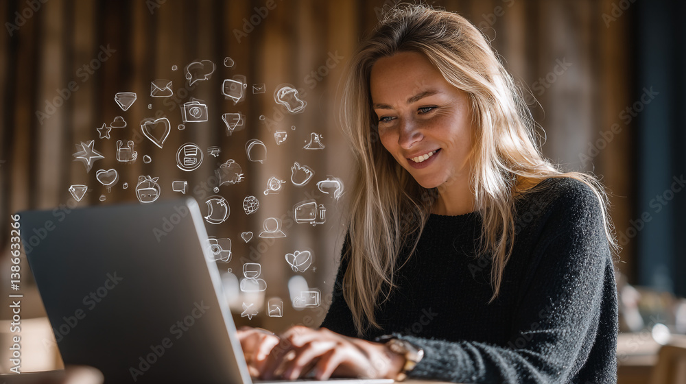Poster smiling woman using laptop with social media icons floating around the screen in a bright setting