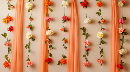 Floral Elegance: A vibrant display of cascading flowers creates an enchanting atmosphere with delicate blooms and soft, flowing fabric, symbolizing beauty and grace.